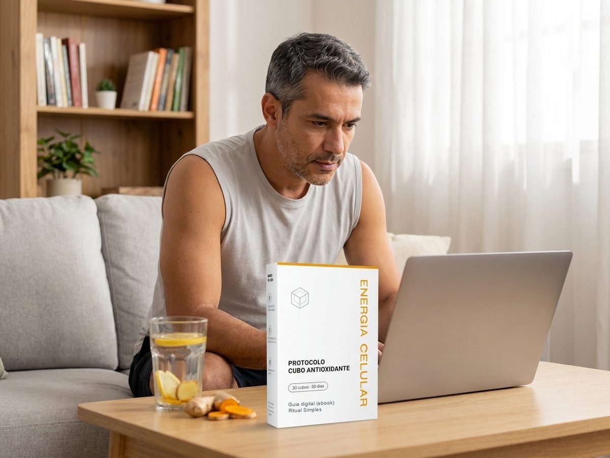 Homem de uns 45 anos trabalhando no notebook, com o guia Protocolo Energia Celular e um copo d'água com limão na mesa