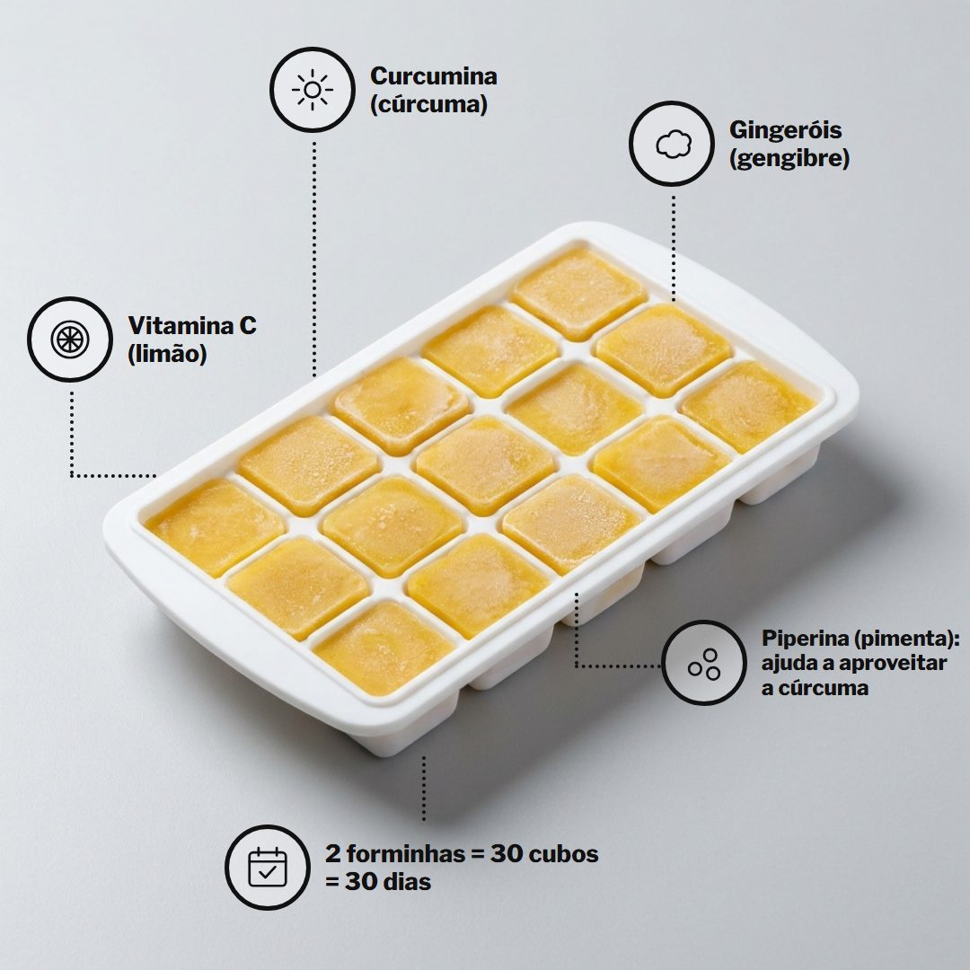 Forminha com os cubos e o que cada ingrediente traz: curcumina (cúrcuma), gingeróis (gengibre), vitamina C (limão) e piperina (pimenta); 2 forminhas = 30 cubos = 30 dias